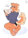 3:4 anthro black_clothing black_panties black_underwear blush body_blush bra_strap butt_blush canid canine canis claws clothing embarrassed eyewear female fur glasses graey graeyfloof hi_res kneeling long_sleeves looking_at_viewer looking_back looking_back_at_viewer mammal orange_body orange_fur panties pawpads paws raised_tail reading rear_view solo surprised tail underwear wolf