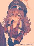  1girl armband blue_archive blush breasts closed_mouth collarbone commentary_request condom condom_wrapper fluffy_hair hair_between_eyes halo hat highres holding holding_condom iroha_(blue_archive) kousaki_mitsuaki long_hair long_sleeves looking_at_viewer necktie peaked_cap safety_pin shirt simple_background small_breasts smile solo_focus sweat very_long_hair 