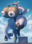 2026 aeromorph aircraft airplane anthro big_breasts blue_eyes breasts clothing colored digital_drawing_(artwork) digital_media_(artwork) female female_anthro footwear grey_body hand_on_hip hi_res high_heels huge_breasts huge_thighs hyper hyper_breasts living_aircraft living_machine living_vehicle machine metallic_body outside pinup pose shaded sherrabast shoes sky solo tail thick_thighs vehicle wide_hips
