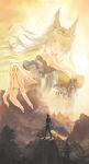  1boy 1girl absurdres animal_ear_fluff animal_ears bare_shoulders blonde_hair breasts chest_tattoo colored_inner_hair commentary dress evening fingernails forehead_tattoo fox_ears fox_girl fox_tail gold_dress hair_ornament highres hsin_(illumining_form)_(wuthering_waves) hsin_(wuthering_waves) large_breasts long_fingernails long_hair looking_at_another male_rover_(wuthering_waves) mohana multicolored_hair nail_polish orange_sky rover_(wuthering_waves) sky tail tattoo untranslatable_commentary very_long_fingernails white_hair wuthering_waves yellow_eyes yellow_nails 