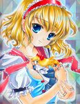  alice_margatroid at_classics between_breasts blonde_hair blue_eyes blush bow breasts cleavage doll doll_hug dress hair_bow hairband hug long_hair marker_(medium) medium_breasts ribbon sample shanghai_doll short_hair smile solo string touhou traditional_media 