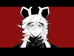  1boy absurdres commentary_request douma_(kimetsu_no_yaiba) empty_eyes flipped_hair frown gongmi greyscale greyscale_with_colored_background hair_between_eyes hat highres kimetsu_no_yaiba letterboxed long_hair looking_at_viewer male_focus monochrome no_pupils red_background simple_background solo straight-on swept_bangs thick_eyebrows turtleneck wide-eyed 