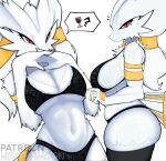 2026 anthro biped black_bra black_clothing black_panties black_underwear bra breasts cheek_tuft cleavage clothed clothing colored_nails digital_drawing_(artwork) digital_media_(artwork) facial_tuft feathers female female_anthro generation_5_pokemon gold_ring hi_res interlocked_fingers lace_bra lace_panties legendary_pokemon looking_at_viewer multiple_poses nails navel navel_piercing newishmoon nintendo panties partially_clothed_anthro partially_clothed_female pictographics piercing pinup pokemon pokemon_(species) pokemorph pose red_eyes reshiram side_boob simple_background solo speech_bubble tail tuft under_boob underwear v-cut valari_beaumont_(newishmoon) ventral_groove watermark white_background white_body white_feathers yellow_nails