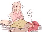  2girls bang_dream! bang_dream!_yumemita blush braid cardigan commentary giving_up_the_ghost glasses green_skirt grey_hair grey_hoodie half_up_braid highres hood hoodie long_hair minye_mirai34 miyanaga_nonoka miyanaga_nonoka_(real) multiple_girls pink_cardigan pink_eyes red_hair sengoku_yuno sengoku_yuno_(real) shirt simple_background skirt sparkle straddling twin_braids white_background white_shirt yuri 