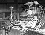  book bookshelf bow capelet cup dress fingerless_gloves gloves greyscale hat highres hookah library long_hair magic_circle monochrome open_mouth patchouli_knowledge pillow reading sitting smoke solo teacup touhou ume_(noraneko) voile 