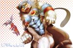 2017 abs anthro awkward balls_outline bandai_namco belt big_muscles big_penis black_nose blue_body blue_fur bodily_fluids bulge clothing demidevimon detailed_bulge digimon digimon_(species) eyewear eyewear_on_head flying fur genital_outline genitals gloves group handwear hatake hi_res huge_penis impmon machgaogamon male muscular nipple_piercing nipple_ring nipples pecs penis penis_outline piercing prank ring_piercing shocked smile snout sunglasses sunglasses_on_head sweat tenting trio wearing_sunglasses