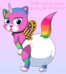 2025 absurd_res anthro big_diaper blue_eyes chimera choker clean_diaper clothed clothing dialogue diaper diaper_only domestic_cat english_text felicity_(rainbow_butterfly_unicorn_kitty) felid feline felis female fur gradient_background hi_res horn huge_diaper insect_wings jewelry lepidopteran_wings looking_at_viewer looking_back looking_back_at_viewer mammal merrit_(artist) multicolored_body multicolored_fur multicolored_tail necklace open_mouth pink_nose rainbow_body rainbow_butterfly_unicorn_kitty rainbow_fur rainbow_tail simple_background solo tail text topless unicorn_horn wearing_diaper wings
