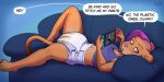 3_toes adult_diaper anthro arzdin bodily_fluids clothed clothing dialogue diaper ear_piercing exposed_belly feet felid female furniture gaming genital_fluids lion lying mammal navel nintendo nintendo_switch on_back pantherine pawpads piercing playing playing_video_game sofa solo speech_bubble toes unclean_diaper urine used_diaper wearing_diaper wet_diaper
