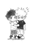  2boys aged_down angry bakugou_katsuki black_shirt boku_no_hero_academia child clenched_hand freckles hand_on_another's_chest hand_on_another's_shoulder koi18 looking_at_viewer male_focus midoriya_izuku monochrome multiple_boys pulling_another's_clothes shirt shoes short_hair shorts sneakers socks spiked_hair white_background white_shirt white_socks 