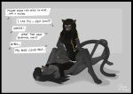 anthro black_border blush border dark_body dark_hair domestic_cat duo ear_piercing easts english_text entwined_tails fangs felid feline felis female female/female gamal genital_outline imminent_tribadism in_heat makeup mammal mori_(conkerbirdy) morimento nipple_outline piercing running_makeup spread_legs spreading tail tail_coil teeth text wide_hips workout_clothing yellow_eyes yellow_sclera