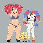 2026 animate_inanimate anthro aquatic bikini_thong black_clothing black_footwear black_shoes blue_bra blue_clothing blue_eyes blue_thong blue_underwear bra brown_hair buckteeth button_(fastener) button_eyes clothed clothing crossover digital_creature doll eyeshadow female fool's_hat footwear glitch_productions gloves grey_background group hair half-closed_eyes hands_behind_head handwear hat headgear headwear hi_res humanoid kerotheklutz light_body living_doll living_toy makeup male multicolored_clothing multicolored_footwear multicolored_gloves multicolored_handwear multicolored_hat multicolored_shoes narrowed_eyes navel nickelodeon pomni_(tadc) posing_for_the_viewer purple_eyeshadow rag_doll_(toy) ragatha_(tadc) red_clothing red_hair red_nose red_thong red_underwear sea_sponge seam_(sewing) shoes simple_background smile smiling_at_viewer socks spongebob_squarepants spongebob_squarepants_(character) swimwear teeth the_amazing_digital_circus thick_thighs thong thong_only topless triangle_nose trio underwear underwear_only yellow_body yellow_bra yellow_clothing yellow_thong yellow_underwear