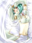  .hack//sign 1girl angel_wings aqua_hair arms_up bad_id bad_pixiv_id blush bob_cut bra brooch collar detached_sleeves jewelry lingerie lying meth_(emethmeth) midriff parted_lips red_eyes short_hair skirt solo subaru_(.hack//) underwear wings 