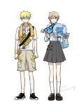  1boy 1girl aaa_drawing black_shoes blonde_hair brown_hair commentary_request glasses glowstick grey_skirt hand_fan holding holding_fan holding_glowstick medalist_(manga) shirt shoes shorts skirt sneakers socks sonidori_rioh white_shirt white_socks yagi_yuuna 