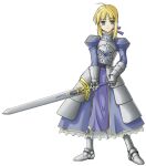  1girl 2000s_(style) ahoge armor armored_boots armored_dress artoria_pendragon_(fate) blonde_hair blue_dress boots breastplate closed_mouth commentary_request dress elehime excalibur_(fate/stay_night) fate/stay_night fate_(series) faulds full_body gauntlets green_eyes highres holding holding_sword holding_weapon juliet_sleeves long_sleeves puffy_sleeves saber_(fate) short_hair simple_background smile solo sword weapon white_background 