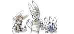albino alex_the_narehate alternate_costume big_eyes c_(alexthenarehate) clothing clothing_swap confusion earthbound_(series) explosives grenade group hat headgear headwear hi_res holding_object jacket jiji_(alexthenarehate) lagomorph long_ears made_in_abyss maiconsandey male mammal narehate nintendo oversized_clothing pattern_clothing pattern_shirt pattern_topwear rain_world shirt simple_background simple_coloring slugcat straps striped_clothing striped_shirt striped_topwear stripes tight_clothing topwear trio uniform videocult weapon whiskers
