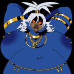 1:1 absurd_res anothermeekone anthro areola armlet avian barbell_piercing big_breasts bird blue_areola blue_body blue_feathers blue_nipples breasts cheek_tuft crossgender facial_tuft feathers female galliform gerrark gold_(metal) gold_armlet gold_jewelry gold_necklace hair half-closed_eyes hi_res huge_breasts jewelry low-angle_view narrowed_eyes necklace nipple_barbell nipple_piercing nipples open_mouth open_smile peafowl phasianid piercing slightly_chubby slightly_chubby_anthro slightly_chubby_female smile smirk smug smug_face spiral spiral_eyes tuft waist_accessory white_hair