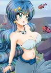  1girl alternate_breast_size_(larger) bare_shoulders blue_eyes blue_theme blush breasts bubble cleavage clownfish collarbone commentary earrings english_commentary fish hair_ornament houshou_hanon houshou_hanon_(mermaid) jewelry large_breasts long_hair looking_at_viewer merfolk mermaid mermaid_melody_pichi_pichi_pitch monster_girl navel necklace ngt_(wah_ngt) open_mouth shell shell_necklace solo star_(symbol) star_earrings star_hair_ornament stomach underwater 