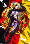  1girl blonde_hair blue_eyes bodysuit bow breasts east_germany flag fortified_suit german_flag germany hair_bow highres liz_hohenstein long_hair mizuki_ame muvluv schwarzesmarken schwarzmarken smile solo torn_clothes twintails two_side_up 