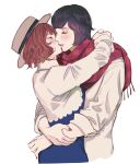  2girls absurdres arms_around_another's_waist arms_around_neck black_hair brown_hair brown_hat closed_eyes clothes_lift coat commentary emily_thompson english_commentary eyeshadow hat highres jj_macfield jj_macfield_(post-clear) kiss makeup multiple_girls parted_lips pink_eyeshadow plaid_clothes plaid_scarf red_nails red_scarf scarf shirt_lift short_hair smile tagasaing the_missing:_j.j._macfield_and_the_island_of_memories white_coat yuri 