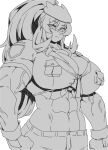  1girl abs barghest_(fate) barghest_(swimsuit_archer)_(first_ascension)_(fate) biceps breasts cleavage fate/grand_order fate_(series) fingerless_gloves gloves greyscale hat high_ponytail highres huge_breasts long_hair looking_at_viewer midriff minew monochrome muscular muscular_female navel neckerchief pencil_skirt ponytail shirt short_sleeves sidelocks skirt solo tied_shirt 