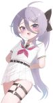  1girl arms_behind_back belt blush collar commentary english_commentary face_jewel fang gem grey_hair hair_between_eyes hair_flaps hair_ornament hair_ribbon highres hololive hololive_english jewel_under_eye koseki_bijou koseki_bijou_(school_uniform) long_hair long_hair_between_eyes looking_at_viewer midriff_peek miniskirt multicolored_gem multicolored_hair multiple_thigh_straps neckerchief official_alternate_costume official_alternate_hairstyle open_mouth panties pantyshot pleated_skirt ponytail purple_eyes purple_gem purple_hair purple_panties ribbon sailor_collar school_uniform serafuku shironekoshi shirt simple_background skin_fang skindentation skirt smile solo thigh_strap thighs underwear very_long_hair virtual_youtuber white_background white_sailor_collar white_serafuku white_shirt white_skirt 