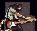 agitated amplifier annoyed anthro arm_tattoo bass_guitar bottomwear chain claws clothed clothed_anthro clothing dak_(manicparasitism) digital_media_(artwork) electric_guitar felid feline fur guitar hair half-length_portrait hi_res holding_guitar holding_musical_instrument holding_object leopardus long_hair male mammal manicparasitism musical_instrument ocelot pattymanajaro paws piercing pivoted_ears playing_music plucked_string_instrument portrait simple_background solo spots string_instrument tail tattoo teeth tongue topwear trans_(lore) trans_man_(lore) whiskers wrinkles_in_clothes wrist_tattoo
