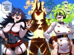  ... 1boy 2girls absurdres ben_10 black_hair black_mask blue_eyes blue_sky bodysuit boku_no_hero_academia breasts burnin_(boku_no_hero_academia) character_request cloud commentary_request day english_text eye_mask fire green_hair highres index_finger_raised jacket large_breasts long_hair mask midnight_(boku_no_hero_academia) midoriya_izuku multiple_girls omnitrix_symbol open_mouth outdoors sky smile spanish_commentary speech_bubble standing teeth vlizz white_bodysuit white_jacket 