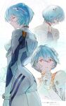 1girl ass ayanami_rei blue_hair bodysuit commentary commission highres interface_headset_(evangelion) looking_at_viewer looking_to_the_side mecha_pilot_suit multiple_views neon_genesis_evangelion plugsuit_(evangelion) red_eyes short_hair sideways_glance soraaaa53 translation_request white_bodysuit 