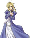  1girl 2000s_(style) ahoge artoria_pendragon_(fate) blonde_hair blue_dress blush closed_mouth commentary_request cowboy_shot dagger dress elehime fate/stay_night fate_(series) green_eyes highres holding holding_dagger holding_knife holding_weapon juliet_sleeves knife layered_dress long_sleeves looking_at_viewer partial_commentary puffy_sleeves saber_(fate) short_hair sidelocks simple_background smile solo weapon white_background white_dress 