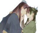  1boy 1girl anisatoshii artist_name bandaged_wrist bandages beads blue_robe bluesky_username bun_cover chinese_clothes commentary green_hair green_shirt hair_beads hair_bun hair_ornament half_updo hand_on_another's_cheek hand_on_another's_face highres jinshi_(kusuriya_no_hitorigoto) kusuriya_no_hitorigoto looking_at_another maomao_(kusuriya_no_hitorigoto) pixiv_username purple_hair robe scar scar_on_cheek scar_on_face shirt untranslatable_commentary white_background 