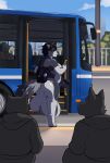 absurd_res ambiguous_gender animal_genitalia animal_penis anthro background_character backpack backpack_only backsack ball_tuft balls balls_on_ground barefoot belly big_balls big_belly big_breasts big_butt big_penis black_hair black_sclera blue_eyes blue_eyeshadow bottomless breasts bus bus_stop butt canid canine canine_genitalia canine_penis canis casual_erection casual_nudity chest_tuft claws clothed clothing commercial_vehicle day erection eyeshadow feet fluffy fluffy_tail fur genitals grey_body grey_fur grey_penis group gynomorph hair hi_res huge_balls hyper hyper_balls hyper_genitalia intersex intersex_(lore) knot knotted_penis lilithdog looking_into_the_distance makeup mammal only_one_nude outside overweight overweight_intersex paws penis perineum pubes public public_nudity public_transportation saggy_balls solo_focus spots street tail tuft vehicle white_body white_fur wolf zairuz