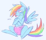 averting_eyes blue_body blue_feathers blue_fur blush clothed clothing crossed_arms diaper embarrassed equid equine feathers female feral friendship_is_magic fur hair hasbro hooves horse kibblecringe looking_away looking_up mammal mane multicolored_hair multicolored_mane multicolored_tail my_little_pony mythological_creature mythological_equine mythology pegasus pink_diaper pink_eyes pony rainbow_dash_(mlp) rainbow_hair rainbow_mane rainbow_tail sitting solo spread_wings tail wearing_diaper wings