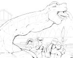2026 5:4 almost_fully_inside ambiguous_gender ambiguous_prey anthro anthro_prey black_and_white body_outline canid canine clothing dated dinosaur discarded_swimming_trunks female fox group hair head_first in_pool larger_pred male male/ambiguous male_pred mammal monochrome mustelid neck_bulge open_mouth oral_vore otter outside pandottermon plant pool_chair prehistoric_species public_vore reptile scalie signature size_difference species_request swimming_pool swimwear tail tree umbrella vore