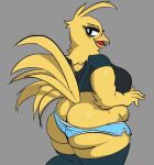 anthro avian beak big_butt bird bottom_heavy bottomwear breasts butt butt_squish cheeky_(roommates) chicken clothing feathers female five_nights_at_freddy's galliform grey_background head_feathers hi_res legwear looking_at_viewer makeup mascara non-mammal_breasts open_mouth phasianid rear_view roommates:motha scottgames shaded shirt shorts side_boob simple_background slightly_chubby slightly_chubby_female solo squish t-shirt tail tail_feathers thick_thighs thigh_highs tight_bottomwear tight_clothing tight_fit topwear unknown_artist wide_hips yellow_body yellow_feathers