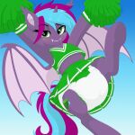 bat_pony blue_bottomwear blue_clothing blue_eyes blue_skirt blue_topwear blush bottomwear cheerleader cheerleader_outfit cheerleading_pose clothed clothing cloud_twist cutie_mark diaper equid eyebrow_through_hair eyebrows fan_character fangs female feral hair hasbro hi_res mammal membrane_(anatomy) membranous_wings my_little_pony nineplusten pom_poms skirt solo teeth topwear translucent translucent_hair wearing_diaper white_diaper wings