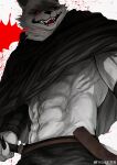  1boy abs absurdres animal_ears bara black_cloak chinese_commentary claws cloak commentary_request death_(puss_in_boots) fangs furry furry_male glowing glowing_eyes grey_fur highres holding holding_scythe looking_at_viewer male_focus miceoao muscular muscular_male navel open_mouth puss_in_boots:_the_last_wish red_eyes scythe shrek_(series) smile watermark weibo_username weibo_watermark wolf_boy wolf_ears 