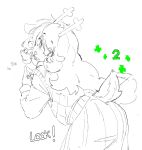 anthro antlers arched_back biped buckteeth butt clothed clothed_anthro clothed_female clothing deer deltarune dialogue ears_down english_text female female_anthro fully_clothed fully_clothed_anthro fully_clothed_female gameplay_mechanics gesture half-length_portrait hand_gesture healing_numbers hi_res horn index_to_index lightner looking_back mammal medium_hair monochrome new_world_deer noelle_holiday open_mouth pawfless pivoted_ears portrait pose raised_tail reindeer shaking_butt simple_background solo spot_color tail tail_motion tailwag teeth text undertale_(series) white_background