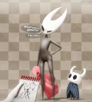 3d_(artwork) anthro arachnid arthropod checkered checkered_background cloak clothing confusion dialogue digital_media_(artwork) directional_arrow drawing_(object) english_text eyebrows featureless_chest featureless_crotch female group hand_on_hip hi_res hollow_knight_(franchise) hornet_(hollow_knight) larger_female looking_up male mostly_offscreen_character mouthless note_pad nude nude_female on_model pattern_background perros_god raised_eyebrow simple_background size_difference slim smaller_male speech_bubble spider stubby_arms stubby_legs team_cherry text the_knight_(hollow_knight) trio vessel_(species) void_eyes