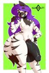 anthro balls big_balls big_penis black_balls black_penis blue_eyes blush chest_tuft fangs fur genitals hair hi_res hyena kloudmutt male mammal markings penis pubes purple_hair smile solo striped_body striped_fur striped_markings stripes teeth thick_thighs tuft wide_hips