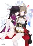  2girls absurdres barefoot black_collar black_corset black_hair blue_eyes blush breasts brown_hair chinese_commentary cleavage closed_mouth collar columbina_(genshin_impact) commentary_request corset detached_collar detached_sleeves dress feathered_wings foot_out_of_frame front-to-back genshin_impact gradient_hair hand_on_another's_arm hand_on_another's_thigh hand_on_own_knee head_wings heart highres knee_up kuuhenki_(genshin_impact) large_breasts lhgd looking_at_another loving_aura luonnotar_(genshin_impact) mini_wings multicolored_hair multiple_girls multiple_wings no_shoes pleated_dress purple_eyes purple_hair raised_inner_eyebrows sandrone_(genshin_impact) short_dress short_hair_with_long_locks signature simple_background sitting smile thighhighs two-tone_dress two-tone_hair unusually_open_eyes white_background white_thighhighs white_wings wings yuri 
