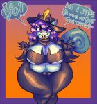 absurd_res anthro bat_costume belly big_belly big_breasts body_hair breasts cheeky clothing dialogue female fur green_body green_fur hair halloween happy_trail hat headgear headwear hi_res holidays huge_breasts huge_thighs latex latex_clothing mammal monster mooch_(undertale_yellow) purple_eyes purple_hair rodent sciurid slightly_chubby solo speech_bubble thick_thighs tree_squirrel undertale_(series) undertale_yellow yanisp5