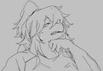 2026 anthro bared_teeth black_and_grey bodily_fluids bust_portrait clenched_teeth clothed clothed_anthro clothed_female clothing deltarune digital_drawing_(artwork) digital_media_(artwork) eyebrow_through_hair eyebrows eyelashes female female_anthro fingers grey_background hair hair_between_eyes half-closed_eyes hand_on_chin kemono korean_description long_ears looking_up meckmeck00124 medium_hair monochrome narrowed_eyes open_hand ponytail portrait reptile scalie sharp_teeth shirt showing_teeth simple_background snout solo susie_(deltarune) sweat sweatdrop teeth thin_eyebrows three-quarter_view topwear translucent translucent_hair tucked_arm undertale_(series)
