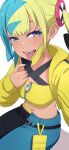  1girl aqua_hair baggy_pants bandeau black_mask blonde_hair blue_eyes breasts canari_(pokemon) commentary_request criss-cross_straps half-closed_eyes highres jacket long_sleeves mask mask_pull medium_breasts mega_stone mouth_mask multicolored_hair na-suke pants pokemon pokemon_legends:_z-a short_twintails sitting smile solo split-color_clothes split-color_hair tongue tongue_out twintails two-tone_mask two-tone_pants yellow_bandeau yellow_jacket yellow_mask 
