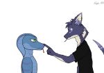 anthro arm_markings artist_name black_clothing black_shirt black_topwear blue_body blue_sclera blue_skin boop claws clothing cobra colored_sketch digital_drawing_(artwork) digital_media_(artwork) duo ekspie-a01 forked_tongue fur furred_scalie furred_snake green_eyes head_markings inner_ear_fluff looking_at_another male markings nose_boop purple_body purple_eyes purple_fur purple_markings raised_arm raised_tail reptile scalie shirt sketch snake snake_hood snake_hood_markings tail tail_markings text tongue tongue_out topwear tuft