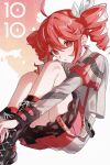  1girl ahoge black_boots boots commentary commentary_request drill_hair frilled_skirt frills grey_jacket grey_skirt hair_between_eyes highres hugging_own_legs jacket kasane_teto kasane_teto_(sv) knee_boots knees_up medium_hair meimu428 parted_lips red_eyes red_hair single_hair_intake sitting skirt solo synthesizer_v twin_drills twitter_username untranslatable_commentary 