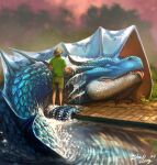 2024 aquatic aquatic_dragon bathing black_hair blackblueblaze blue_body blue_scales bottomwear brush clothed clothing cloud detailed digital_media_(artwork) digital_painting_(artwork) dragon drupe_(fruit) duo dusk eyes_closed female feral flower food frill_(anatomy) fruit grass green_bottomwear green_clothing green_shirt green_topwear hair hat headgear headwear hi_res horn human light light_body light_skin lighting male mammal membrane_(anatomy) membranous_frill multicolored_body mythological_creature mythological_scalie mythology painting_(artwork) partially_submerged plant rock scales scalie shaded shirt shorts signature sky skyscape snout soap straw_hat suds teeth tongue tongue_out topwear water wet wet_body wet_scales white_body