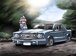  car commentary_request ground_vehicle hat highres japanese_clothes left-hand_drive motor_vehicle muscle_car nature open_mouth pink_hair red_eyes saigyouji_yuyuko short_hair smile solo touhou tree triangular_headpiece tsuki_wani 