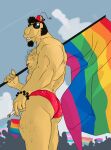 anthro arab back_muscles beaded_bracelet beaded_jewelry beads bisexual_pride_colors black_hair body_hair bracelet butt camel camelid celebration chest_hair cigarette clothing cloud crowd day ear_piercing ear_ring eyewear facial_hair flag flag_(object) grin group hair hat headgear headwear hi_res holding_cigarette holding_flag holding_object hoop_ear_ring humanoid_hands jewelry leg_hair lgbt_pride looking_at_viewer low-angle_view male mammal mostafa_bazaar_(tuskforce) muscular muscular_arms nipples outside partly_cloudy piercing pride_colors rainbow_flag rainbow_pride_flag rainbow_symbol red_clothing red_fez red_hat red_headwear red_speedo red_swimwear ring_piercing side_view sideburns simple_background sky smile solo sparkles sparkling_clothing speedo standing sunglasses sunglasses_on_face swimwear tan_body transgender_pride_colors tuskforce wearing_sunglasses worm's-eye_view