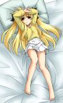  1girl 2000s_(style) arms_up barefoot black_bow blonde_hair bow casual commentary_request elehime expressionless fate_testarossa full_body hair_bow long_hair long_sleeves looking_at_viewer lying lyrical_nanoha mahou_shoujo_lyrical_nanoha mahou_shoujo_lyrical_nanoha_a's official_alternate_costume on_back on_bed orange_eyes panties pantyshot parted_lips pillow pleated_skirt shirt skirt solo striped_clothes striped_shirt two_side_up underwear white_panties white_skirt yellow_shirt 