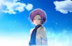  1boy anpolly closed_mouth cloud coat commentary_request lab_coat lapels lens_flare looking_at_viewer male_focus medic_(sekaiju_4) medic_3_(sekaiju_4) open_clothes open_coat outdoors parted_bangs purple_hair sekaiju_no_meikyuu sekaiju_no_meikyuu_4 short_hair sky smile solo upper_body white_coat yellow_eyes 